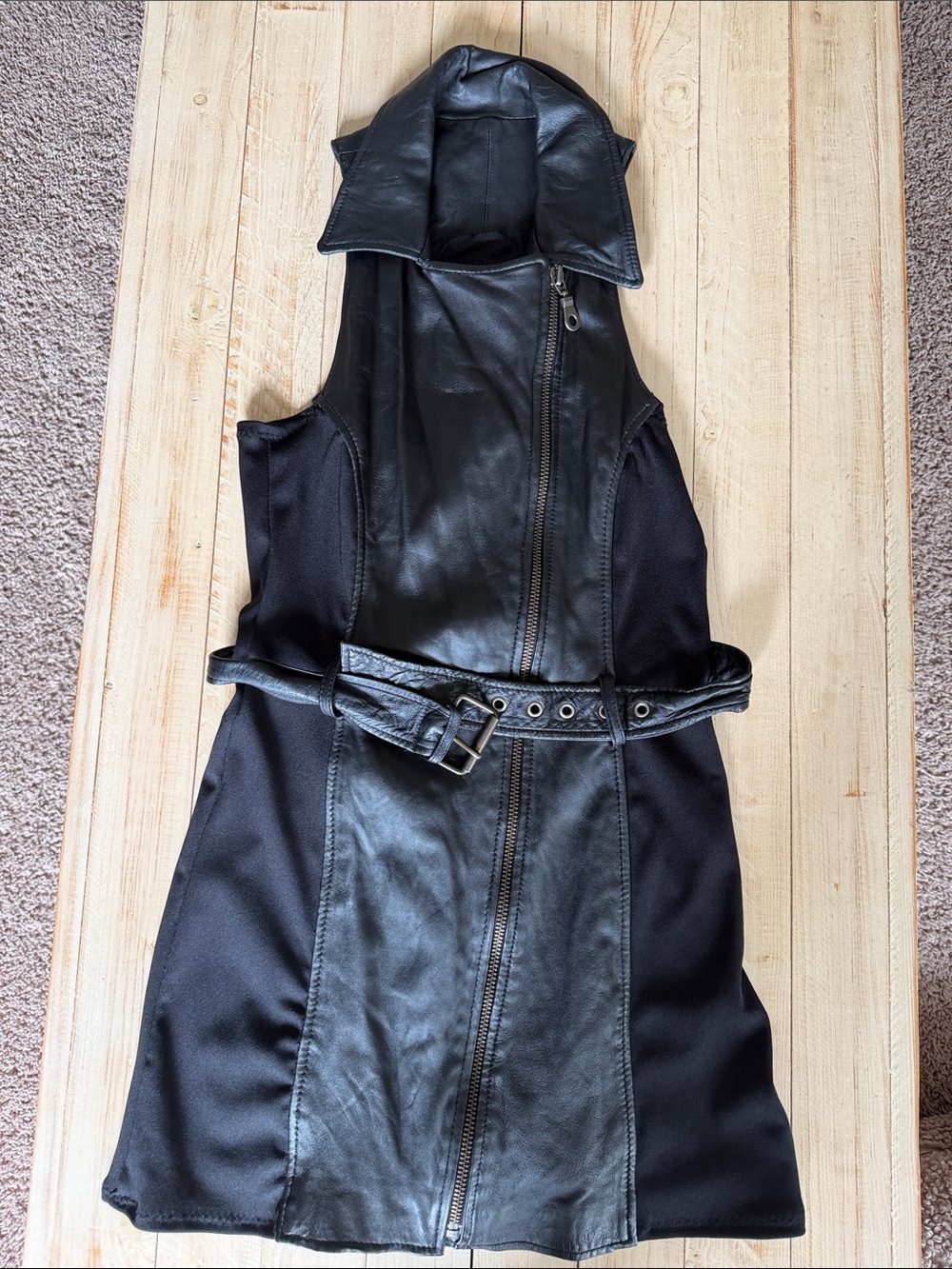 Black Leather Front Zip Belted Mini Dress